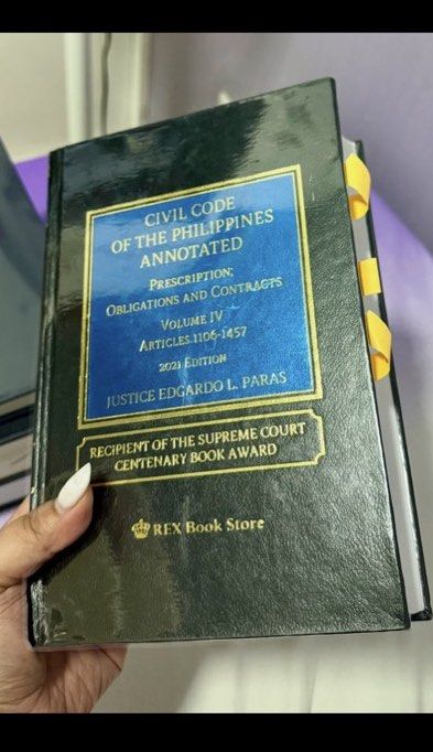 Obligations and Contracts (Civil Code Annotated, Vol. IV) by Paras (2021) (Category: Textbooks) located in Las Pinas. Submitted by gastadora_declutter (Listing ID 1454415700, Image 1). Description: LAW BOOKS 4SALE — Decluttering Condition: With minimal markings and has names stamped on the side. 🏷️P2,000 (bought for P2,400).