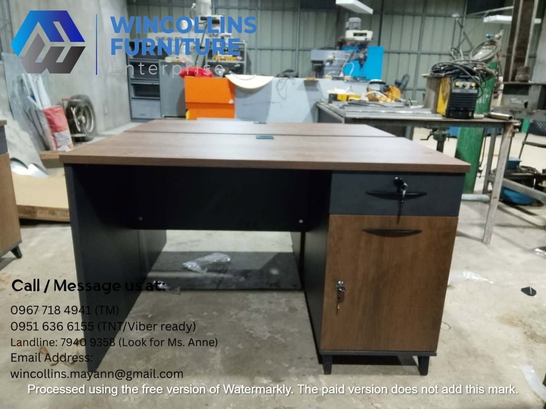 Office Table with side cabinet/drawers, Work Table (Category: Office Furniture & Fixtures) located in Quezon City. Submitted by wincocami_ (Listing ID 1454382194, Image 2). Description: Melamine scratch proof Office table with two tone color side drawer/cabinet Color: Brown wood top and gray modesty Size: 120cmLx60cmDx76H.