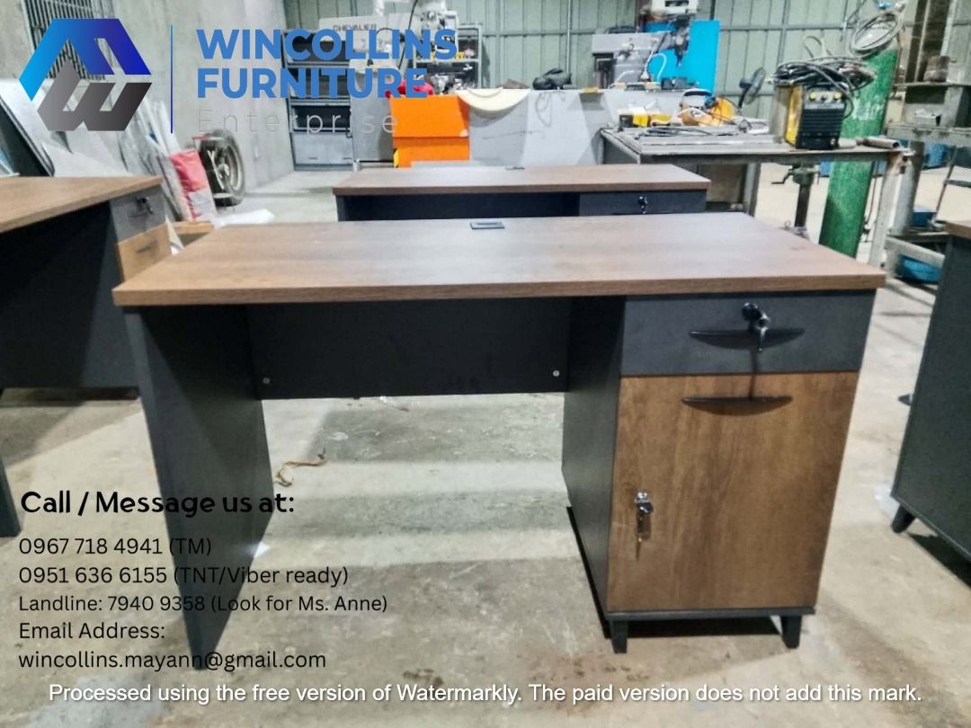 Office Table with side cabinet/drawers, Work Table (Category: Office Furniture & Fixtures) located in Quezon City. Submitted by wincocami_ (Listing ID 1454382194, Image 3). Description: Melamine scratch proof Office table with two tone color side drawer/cabinet Color: Brown wood top and gray modesty Size: 120cmLx60cmDx76H.
