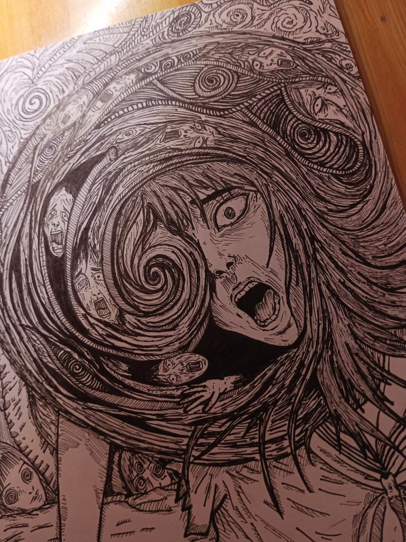 Original Ink Drawing - Horror/Surreal Art (Category: Art & Prints) located in Caloocan City. Submitted by leiandre_29 (Listing ID 1454537911, Image 2). Description: - Hand-drawn ink artwork - Surreal and unsettling scene with a distressed figure - Intricate details throughout - Perfect for fans of horror or dark art - Unique piece for your collection - Drawn on quality paper - Approximately A4 size.