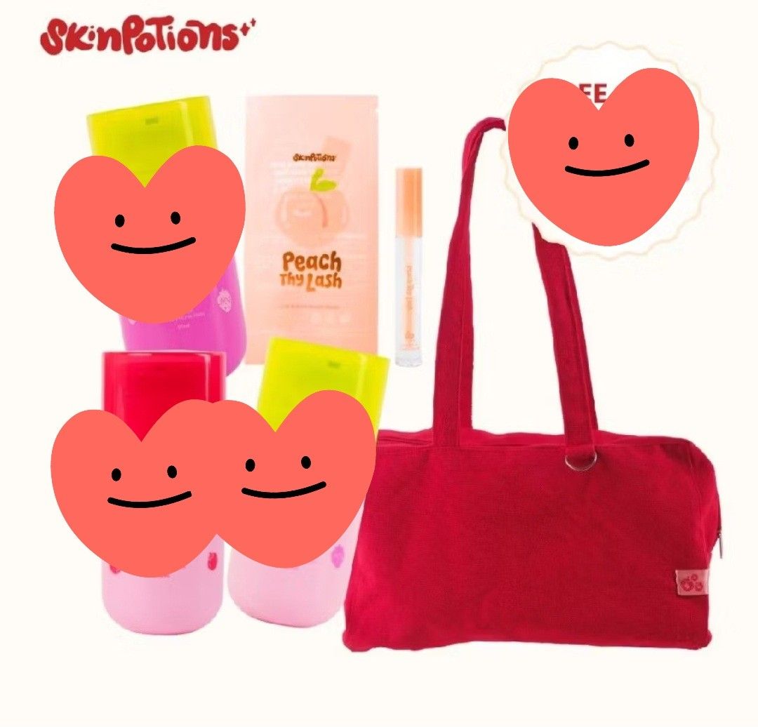 [READ DESCRIPTION] Skinpotion peach thylash and red shoulder bag (Category: Makeup) located in Angeles City. Submitted by trustsuki (Listing ID 1454555885, Image 1). Description: will check out the set +54 shipping within luzon.