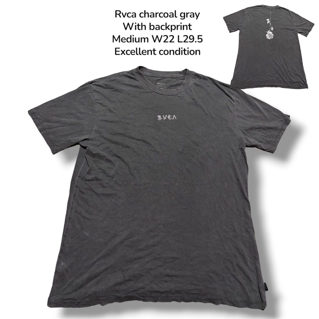 RVCA Charcoal Gray T-Shirt with Backprint - Medium (Category: Tshirts & Polo Shirts ) located in Guihulngan. Submitted by fbthriftgoodsniace (Listing ID 1454398618, Image 1). Description: - RVCA T-shirt in Charcoal Gray - Features a small RVCA logo on the front - Eye-catching rose graphic design on the back - Measurements: Width 22 inches, Length 29.5 inches.