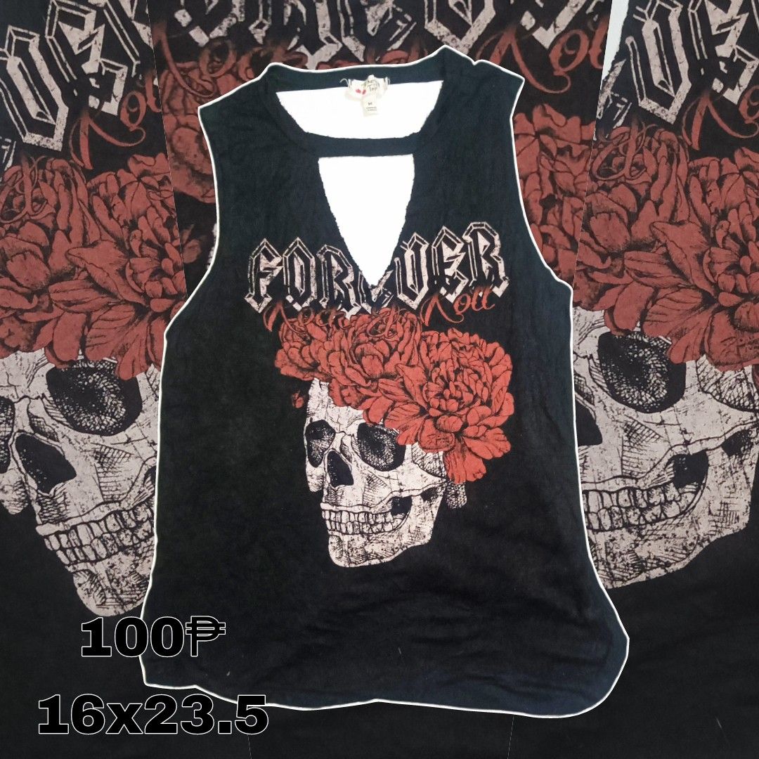 Skull alt grunge vneck tank top (Category: Sleeveless) located in Manila. Submitted by celestialthrifter (Listing ID 1454552183, Image 1). Description: I put bond paper sa loob to show the vneck 📍 Location: Silangan, San Mateo, Rizal 💳 Payment: GCash 🚚 Shipping/Delivery: J&T Express or Lalamove (Buyer shoulders delivery fee).