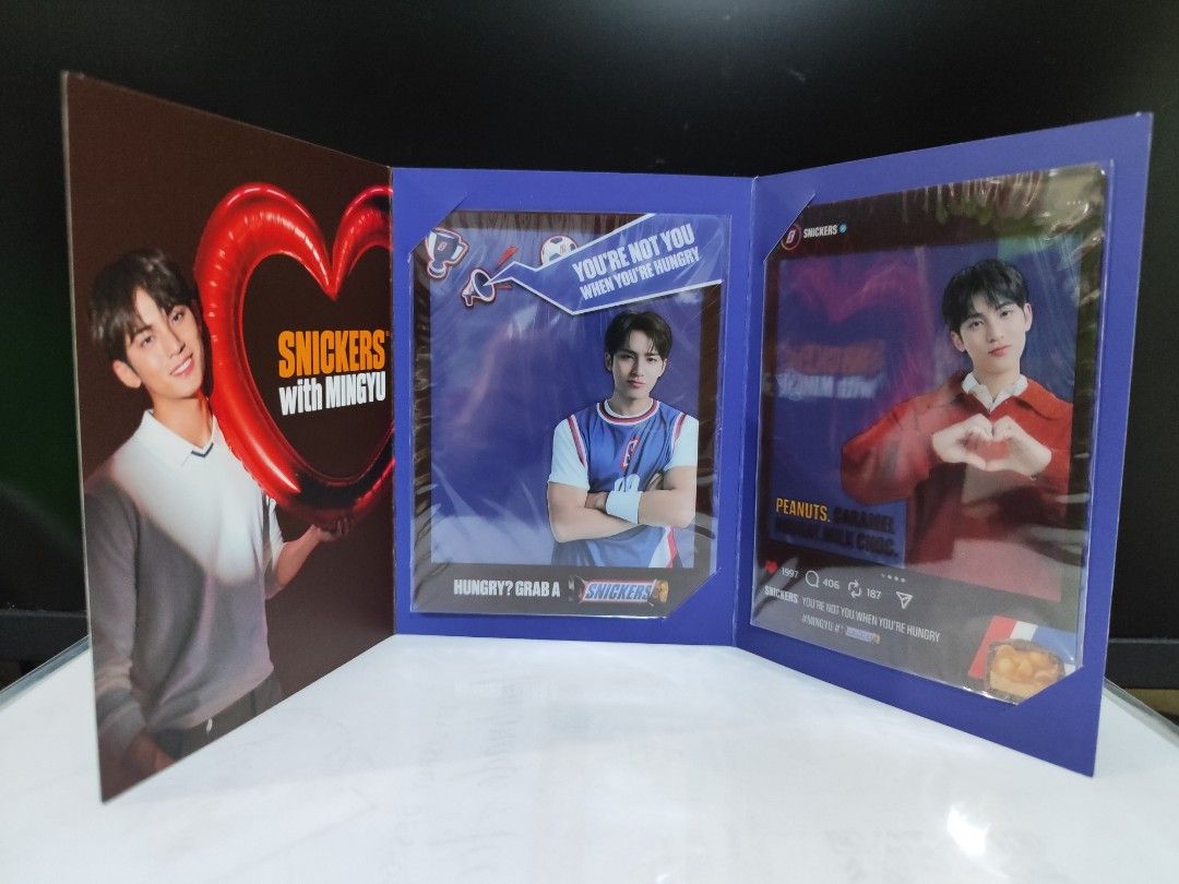 Snickers ming yu post card accordion transparent card (Category: Raw Singles) located in Quezon City. Submitted by hirayakarilagan (Listing ID 1454548748, Image 2). Description: Snickers ming yu Collab merch post card 300 transparent card 250 accordion 200 accordion 150 cover tear) + free random mingyu fanmade photocards.