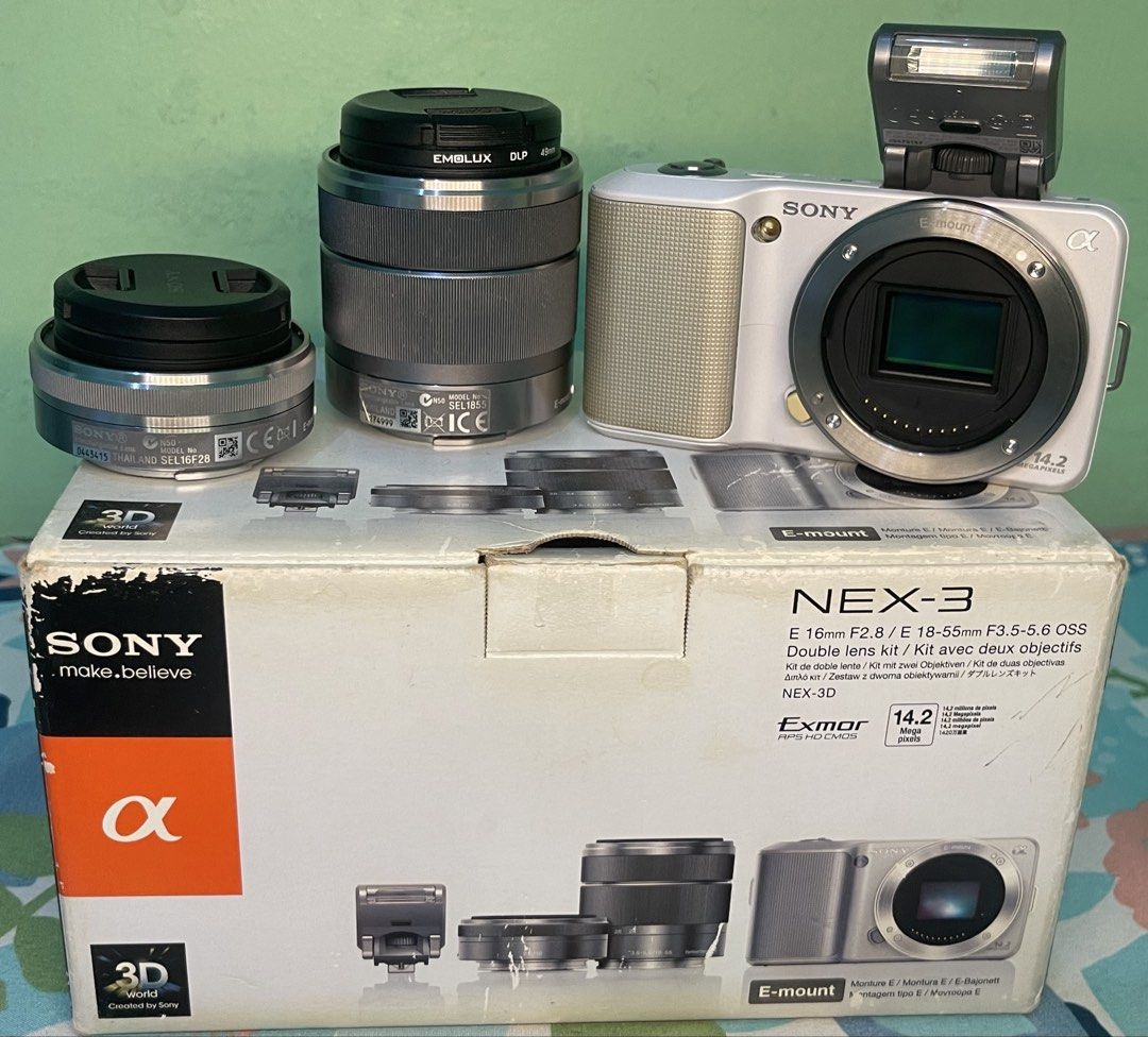 Sony Nex 3 (Category: Cameras) located in Quezon City. Submitted by calimutanf44618 (Listing ID 1454415629, Image 1). Description: SONY NEX 3 with 2 lenses [mirrorless] 15,000 PHP (RUSH) * 14.2 megapixel * complete accesories * exmor hd cmos * boxed unit! * 9/10 body condition * 720p HD video recording * ISO up to 12800 * external flash included * no issue * as is condition Inclusion: 16mm f2.8 lens 18-55mm f3.5 lens Orig charger Sd card Manual B