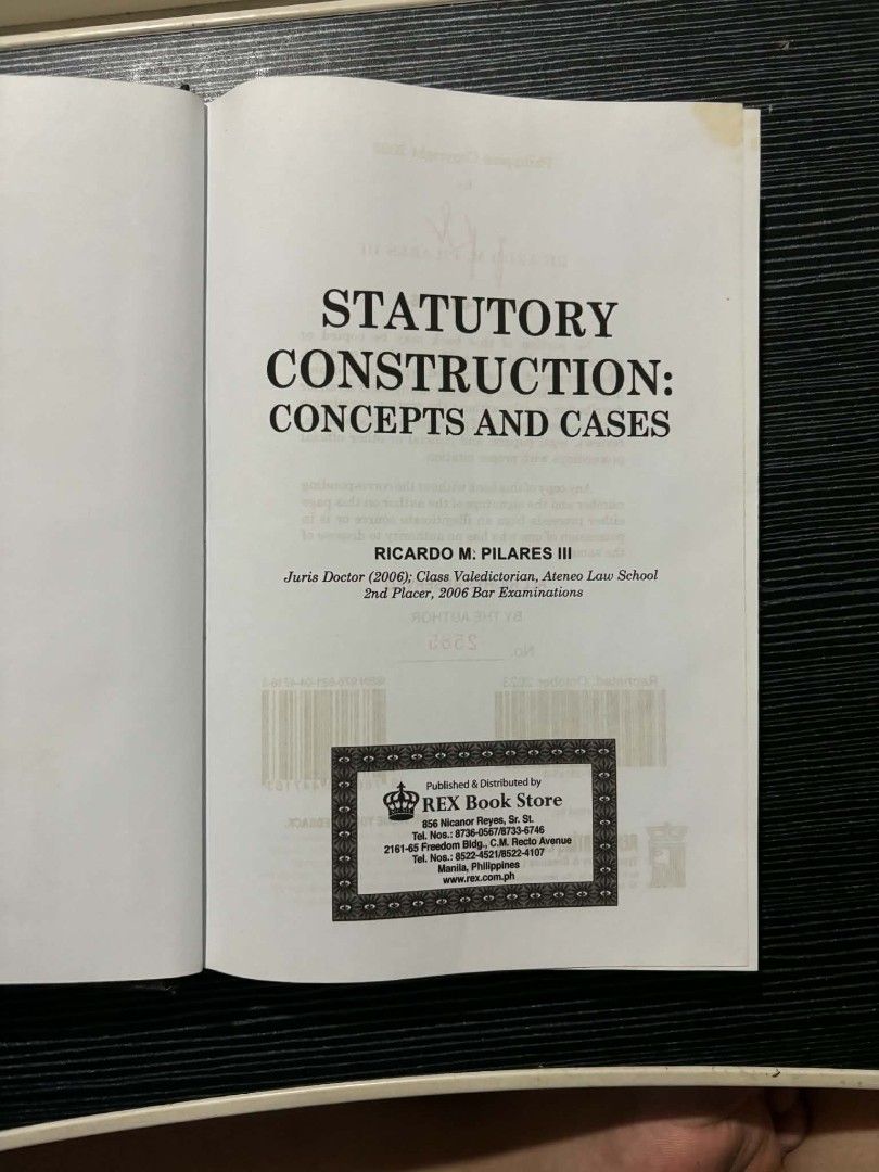 Statutory Construction Book (Ricardo Pilares III) (Category: Textbooks) located in Cavite. Submitted by youngfox_eacc50 (Listing ID 1454499048, Image 3). Description: Second Edition May minimal na yellow stain lang but overall goods pa din.