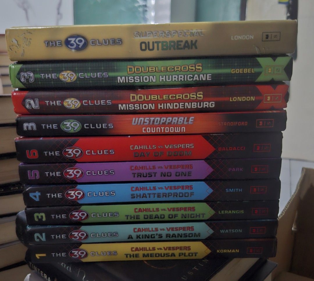 The 39 Clues Book Series Collection (Category: Storybooks) located in Manila. Submitted by markusvramosiii (Listing ID 1454369519, Image 2). Description: - The 39 Clues book collection - Includes main series and some Cahill vs. Vespers books - Great for young readers and adventure story fans - Start your next adventure today! - With complete inclusions (Cards).