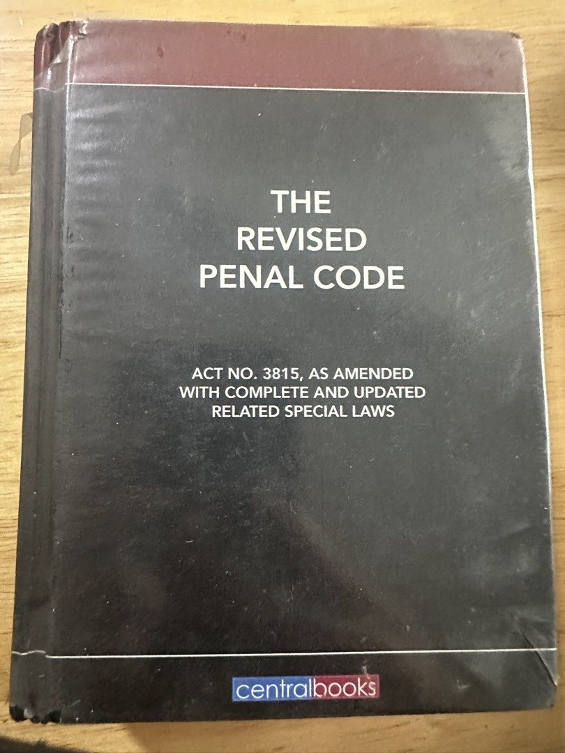 The Revised Penal Code RPC codal (Category: Textbooks) located in Pasay City. Submitted by julie_ds (Listing ID 1454450937, Image 1). Description: - Revised Penal Code, Codal Edition - Published by Centralbooks - Pages are clear and readable - Some highlighting present on certain sections(pages 1-30) Location:libertad pasay.