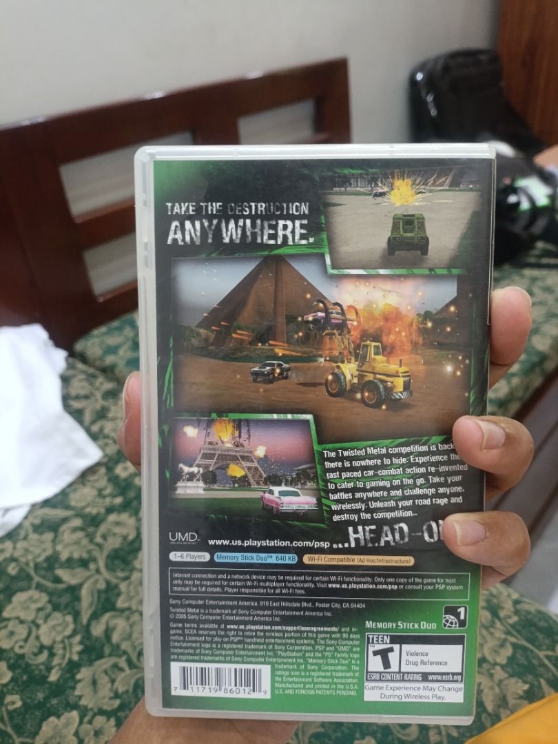 Twisted Metal: Head-On for PSP UMD (Category: PlayStation) located in Batac City. Submitted by yellowstone_1012 (Listing ID 1454367645, Image 3). Description: - Twisted Metal: Head-On for PSP - UMD disc and case included - Experience classic car combat action anywhere - Great for fans of the Twisted Metal series.