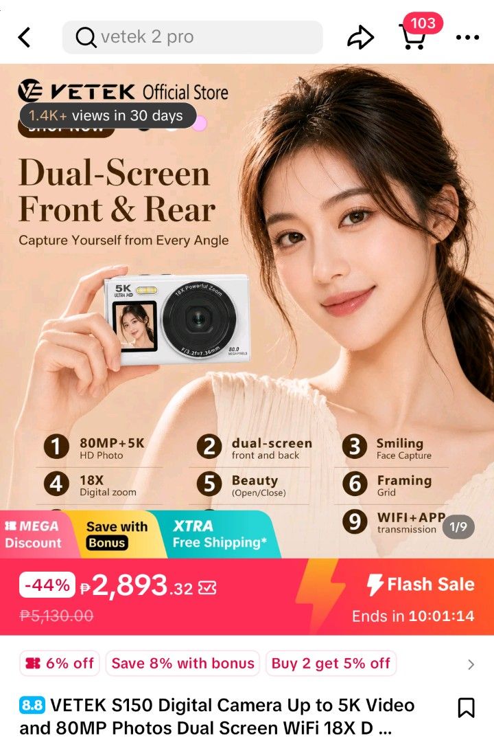 Vetxi-13 Dual Screen Camera (Category: Cameras) located in Caloocan City. Submitted by sab418 (Listing ID 1454377298, Image 3). Description: - Vetxi-13 Dual Screen Camera - 80 Million Pixels for high-resolution photos - 5K Ultra HD video recording - 18X Powerful Zoom - Dual Screen (Front & Rear) for easy selfies and vlogging - WiFi connectivity for seamless sharing - 100% Authentic bought it for 2800 pesos on Tiktok. shipping fee will be shoulder