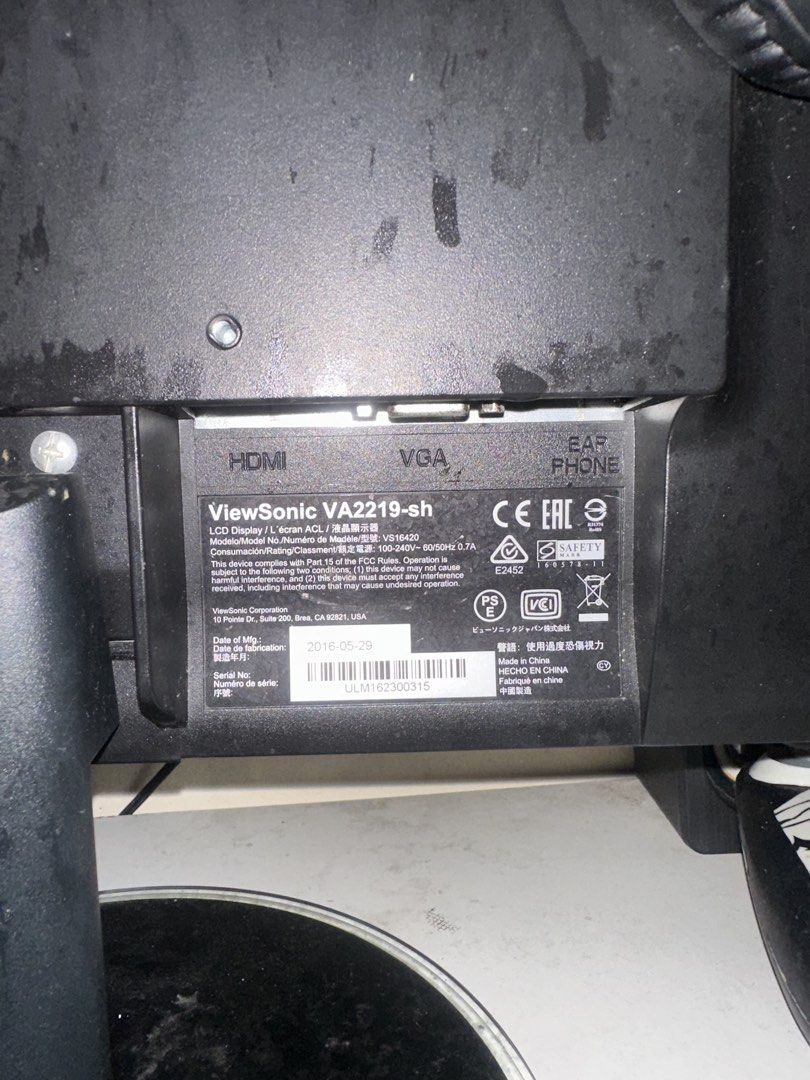 ViewSonic VA2219-SH 22 inch Frameless (Category: Monitor Screens) located in Rizal. Submitted by kxithlynn (Listing ID 1454558729, Image 3). Description: * Screen Size: 22 inches (21.5” viewable) * Resolution: Full HD (1920 x 1080) * Panel Type: SuperClear MVA (Multi-domain Vertical Alignment) * Brightness: 250 cd/m² * Contrast Ratio: 1,000:1 (static) * Viewing Angles: 178° horizontal and vertical * Connectivity: HDMI and VGA ports [1, 2, 3, 4].