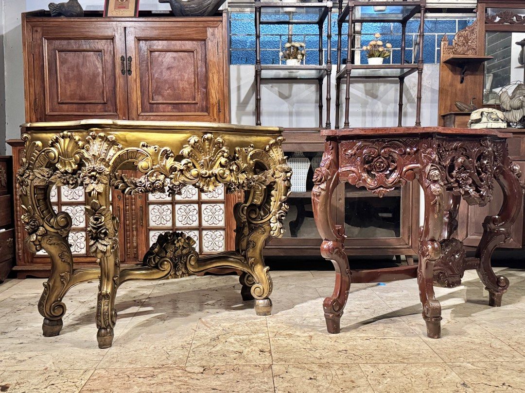 Vintage Pair of Solid Narra Console Table (Category: Tables & Sets) located in Manila. Submitted by sinaunang_gamit (Listing ID 1454445200, Image 3). Description: Vintage Pair of Solid Narra Console Table Gold size Height: 48 inches Length: 34 inches Width: 18 inches Brown size Height: 52 inches Length: 32.5 inches Width: 17.5 inches ₱12k each .