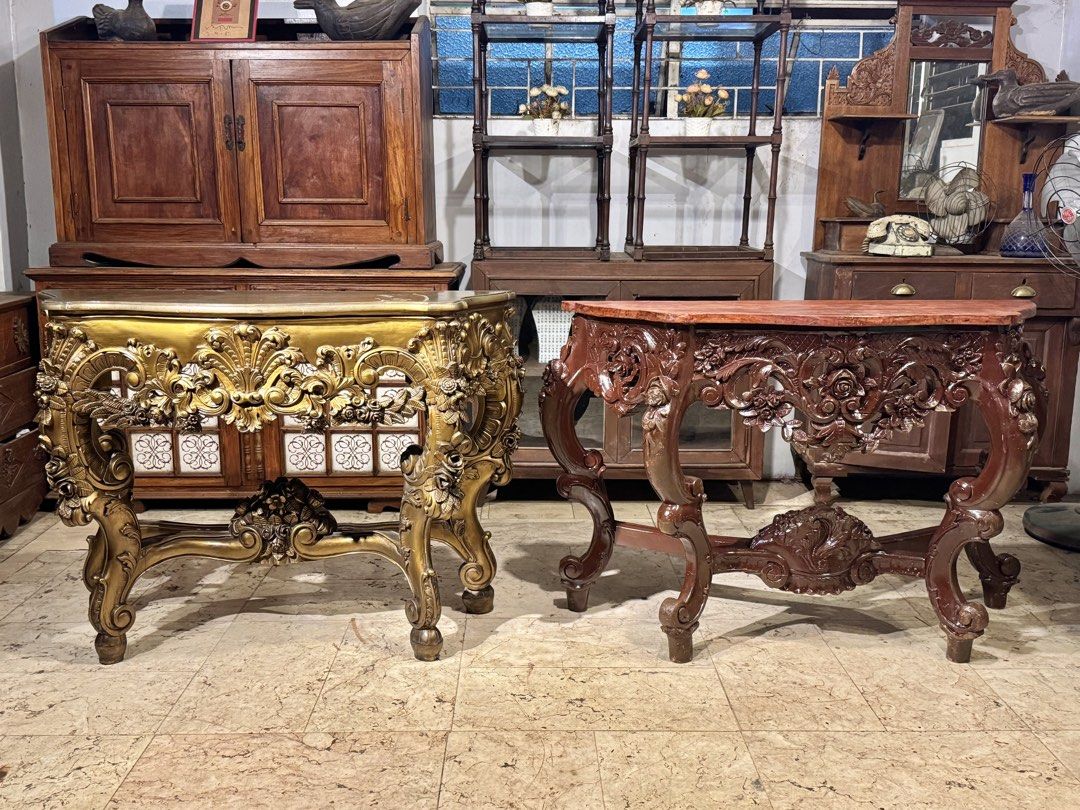 Vintage Pair of Solid Narra Console Table (Category: Tables & Sets) located in Manila. Submitted by sinaunang_gamit (Listing ID 1454445200, Image 1). Description: Vintage Pair of Solid Narra Console Table Gold size Height: 48 inches Length: 34 inches Width: 18 inches Brown size Height: 52 inches Length: 32.5 inches Width: 17.5 inches ₱12k each .