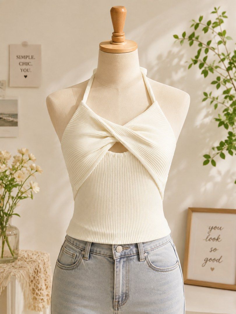 White Ribbed Halter Neck Twist Front Knitted Crop Top (Category: Sleeveless) located in Quezon City. Submitted by _breentineee (Listing ID 1453760936, Image 2). Description: - White ribbed halter neck top knitted - Features a twist front with a cutout - Ties at the back of the neck - Stretchy and comfortable material - Versatile for going out or casual wear - Easily pairs with jeans or skirts - Needs wash - Size XS to L.