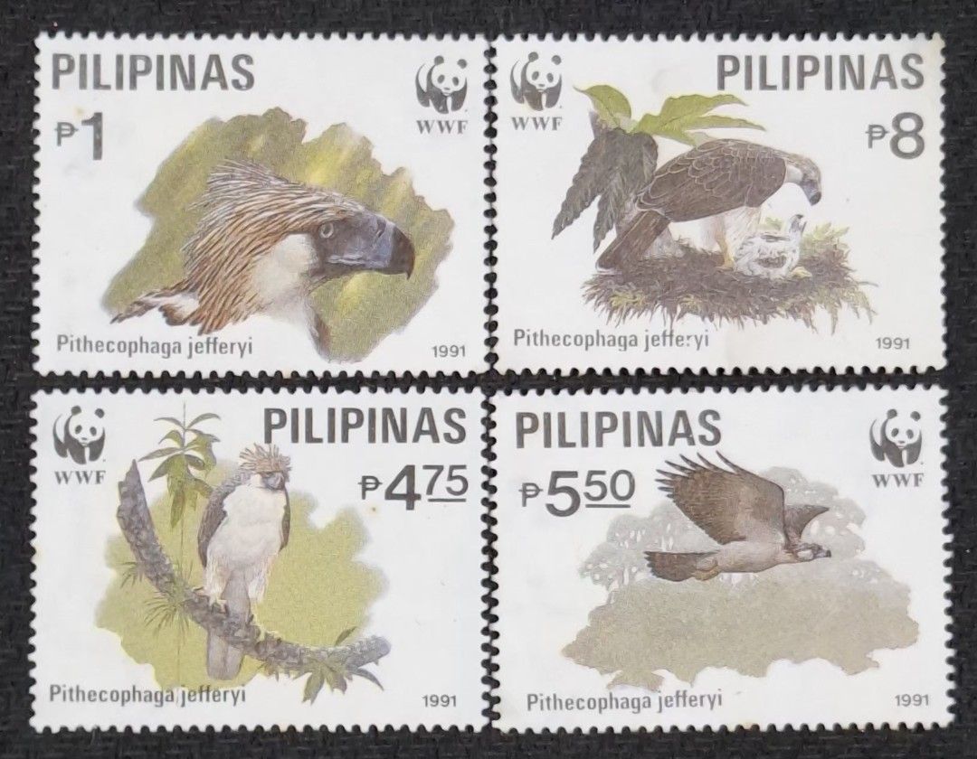 World Wild Fund (Philippine Eagle) (Category: Vintage Collectibles) located in Makati City. Submitted by selyopilipinas (Listing ID 1454387592, Image 1). Description: (1991) 4v Complete set Mint never hinged Commemorative issue Collection theme : Fauna , Animals , Birds High Value Stamps SCV $ 8.00 USD 1991 postage stamps from the Philippines featuring the critically endangered Philippine Eagle (Pithecophaga jefferyi). This collection was officia