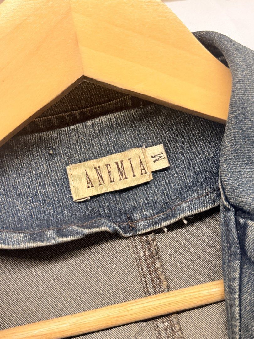 Y2K Washed Embroidered Denim Jacket (Category: Coats, Jackets and Outerwear) located in Quezon City. Submitted by ccmirae (Listing ID 1454473877, Image 2). Description: Brand Name – Anemia Size – M, Jacket Length=22”, Sleeve=23”, Color – Brown Material – Shell:65% Cotton, 35% Polyester; Lining: 100% Polyester 2 Buttons on the Jacket Front.