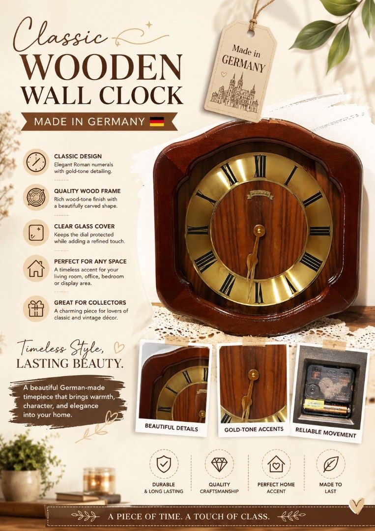 🇩🇪 Classic German Wooden Wall Clock (Category: Clocks) located in Binan City. Submitted by sakuratreasuresph (Listing ID 1454649649, Image 1). Description: 🇩🇪 Classic German Wooden Wall Clock Bring timeless European charm into your home with this Made in Germany wooden wall clock. 🤎🕰️ ✨ Made in Germany ✨ Rich wood-tone finish ✨ Classic Roman numeral dial ✨ Gold-tone accents ✨ Decorative scalloped wooden frame ✨ Glass-covered clock face ✨ Be