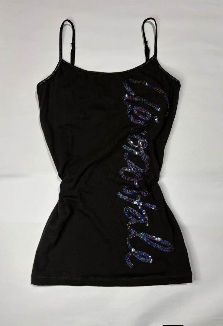 Aeropostale Black Sequin Logo Favorite Cami M/M (Category: Sleeveless) located in Quezon City. Submitted by fairy_luna (Listing ID 1454729554, Image 1). Description: - Black Aeropostale cami top - Features colorful sequin Aeropostale logo - Adjustable spaghetti straps - X Small to Small - no issues - w tag - Comfortable cotton and spandex blend - Versatile for layering or standalone wear.