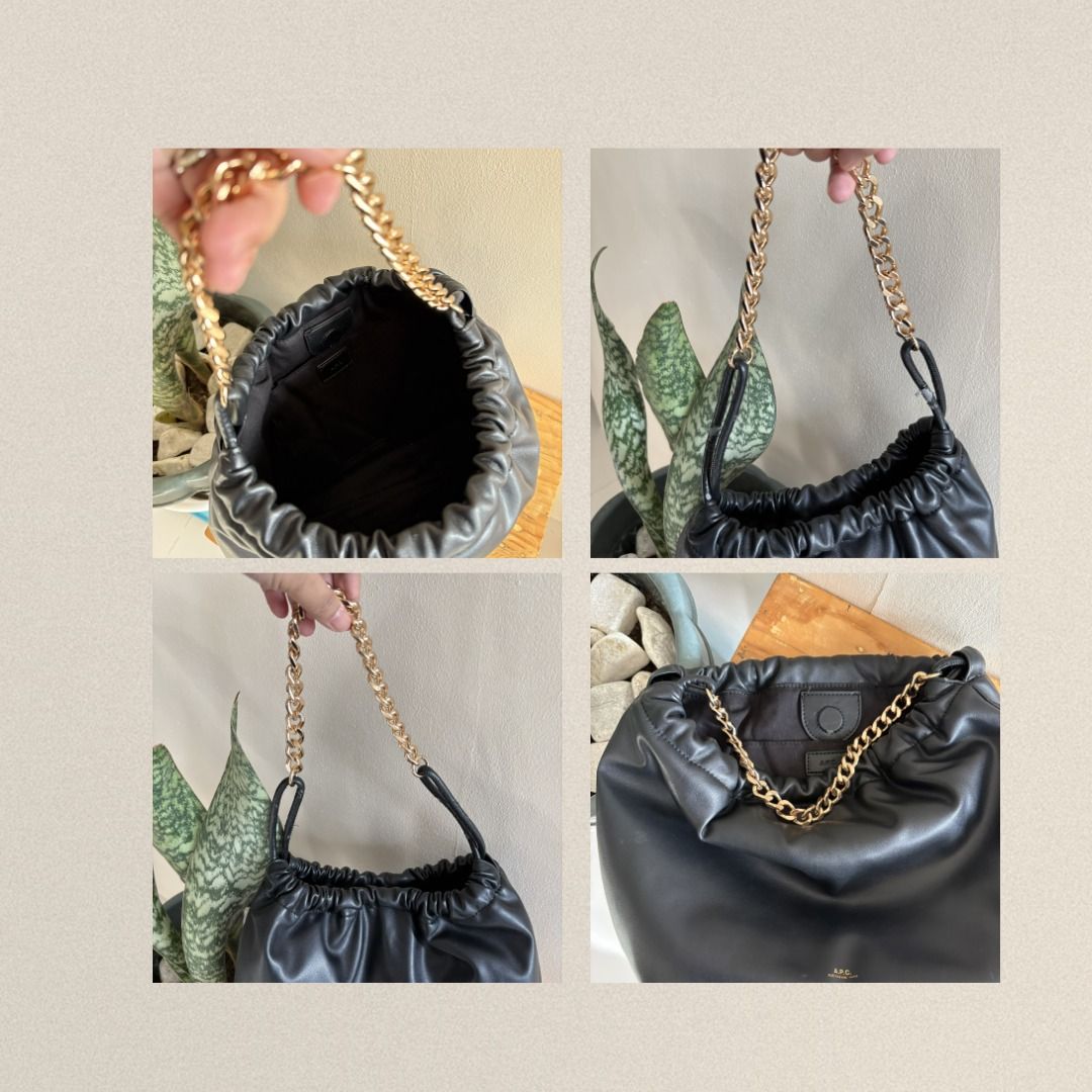 A.P.C. Ninon Chain Bag Black Leather (Category: Luxury Bags & Wallets) located in Caloocan City. Submitted by caelestissss (Listing ID 1454663895, Image 2). Description: - Pre-loved A.P.C. Ninon chain bag - Color: Black leather - Hardware: Gold chain strap - Closure: Drawstring - Interior: Spacious - Versatile: Perfect for everyday or evening use.