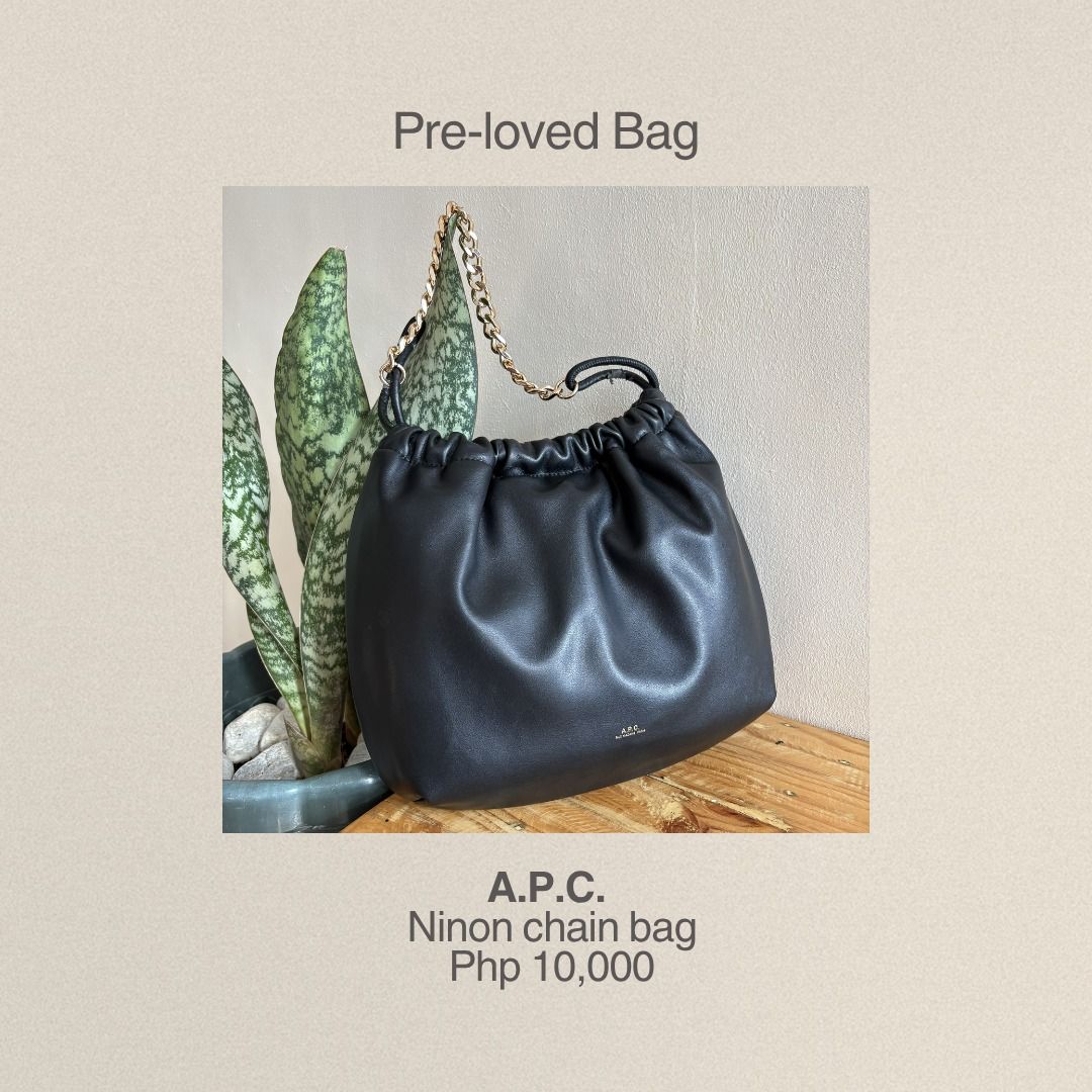 A.P.C. Ninon Chain Bag Black Leather (Category: Luxury Bags & Wallets) located in Caloocan City. Submitted by caelestissss (Listing ID 1454663895, Image 1). Description: - Pre-loved A.P.C. Ninon chain bag - Color: Black leather - Hardware: Gold chain strap - Closure: Drawstring - Interior: Spacious - Versatile: Perfect for everyday or evening use.