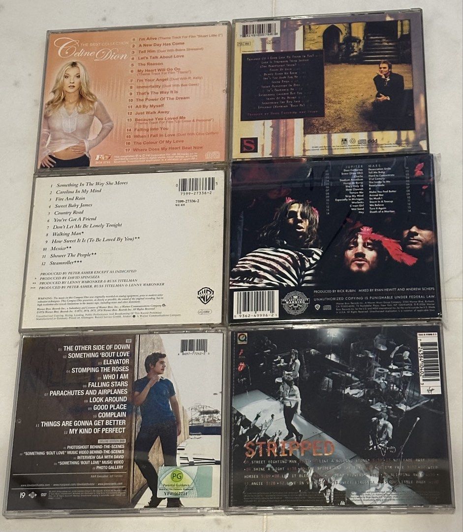 Assorted CDs (Category: CDs & DVDs) located in Singapore. Submitted by elsalami (Listing ID 1454598824, Image 2). Description: Assorted CDs for sale: Celine Dion - The Best Collection ($5) Sting - Ten Summoner’s Tale ($5) James Taylor - Greatest Hits ($5) Red Hot Chilli Peppers - Stadium Arcadium ($5) David Archuleta - The Other Side of Down Deluxe Edition CD/DVD ($8) The Rolling Stones - Stripped ($5) Bee Gees - Story ($5) Bee Gees - Best of Bee