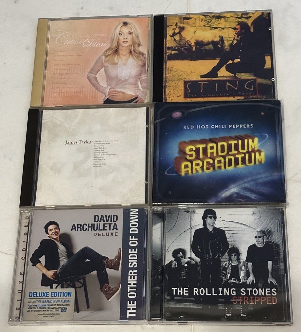 Assorted CDs (Category: CDs & DVDs) located in Singapore. Submitted by elsalami (Listing ID 1454598824, Image 1). Description: Assorted CDs for sale: Celine Dion - The Best Collection ($5) Sting - Ten Summoner’s Tale ($5) James Taylor - Greatest Hits ($5) Red Hot Chilli Peppers - Stadium Arcadium ($5) David Archuleta - The Other Side of Down Deluxe Edition CD/DVD ($8) The Rolling Stones - Stripped ($5) Bee Gees - Story ($5) Bee Gees - Best of Bee