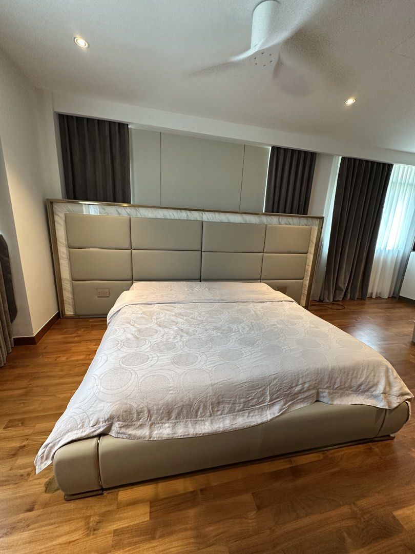 Bed frame (Category: Bed Frames & Mattresses) located in Singapore. Submitted by thygrace (Listing ID 1452862468, Image 3). Description: Brand new king size bed frame for sale. Genuine marble with LED light Measurement - 366*224*149 (external) 180*200 (internal).