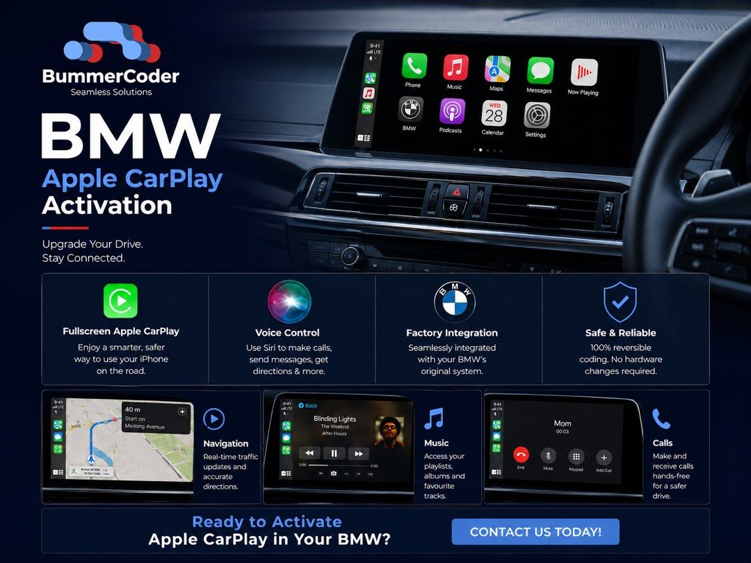 BMW Apple CarPlay Activation/Coding [F06, F12, F15, F16, F20, F21, F22, F23, F25, F26, F30, F31, F32, F33, F34, F36, F45, F80, F82, F83, F85, F86, F87, F90, F97, F98, G01, G02, G05, G06, G11, G12, G20, G22, G30, G32] (Category: Electrical & Electronics) located in Singapore. Submitted by bummercoder (Listing ID 1337339146, Image 1). Description: Get your original Wireless Apple CarPlay activated now! Seamless integration with your BMW iDrive Syst