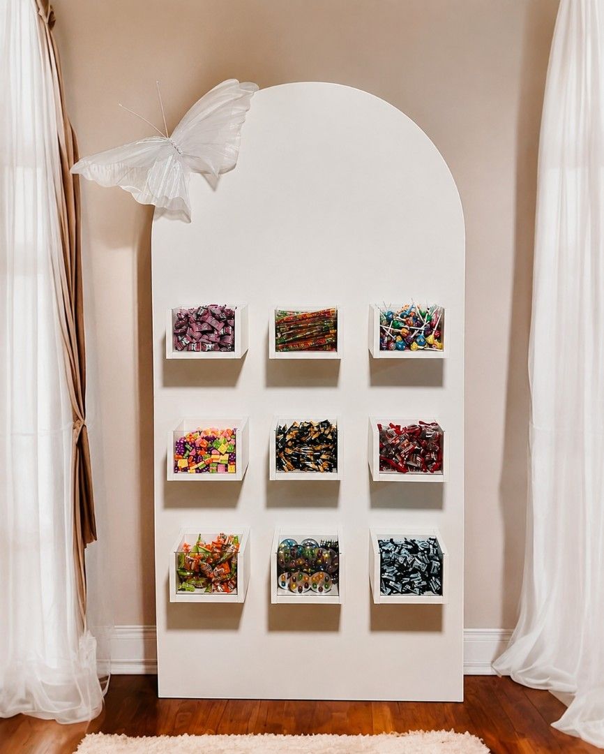 Candy Wall (Category: Wall Decor) located in Singapore. Submitted by charmageddon (Listing ID 1454645019, Image 1). Description: - Trendy arched design candy wall - Features multiple clear boxes for candy display - White finish, perfect for any event or party theme. - Adds a fun and decorative element to celebrations - Ideal for weddings, birthdays, and gatherings - Arrange own delivery - Does not come with the butterfly.