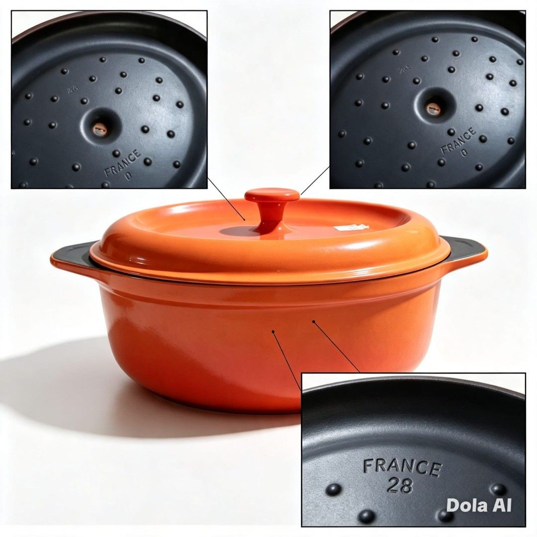 Cast Iron Casserole (Category: Cookware & Accessories) located in Paranaque City. Submitted by gentle.declutter (Listing ID 1454675261, Image 1). Description: High-quality 28cm round Dutch oven/casserole, made in France. Vibrant orange glossy enamel exterior, durable matte black interior with self-braising bumps on the lid—locks in moisture & flavor. Solid cast iron construction, heat evenly & retains temperature perfectly. Dual side handles for 