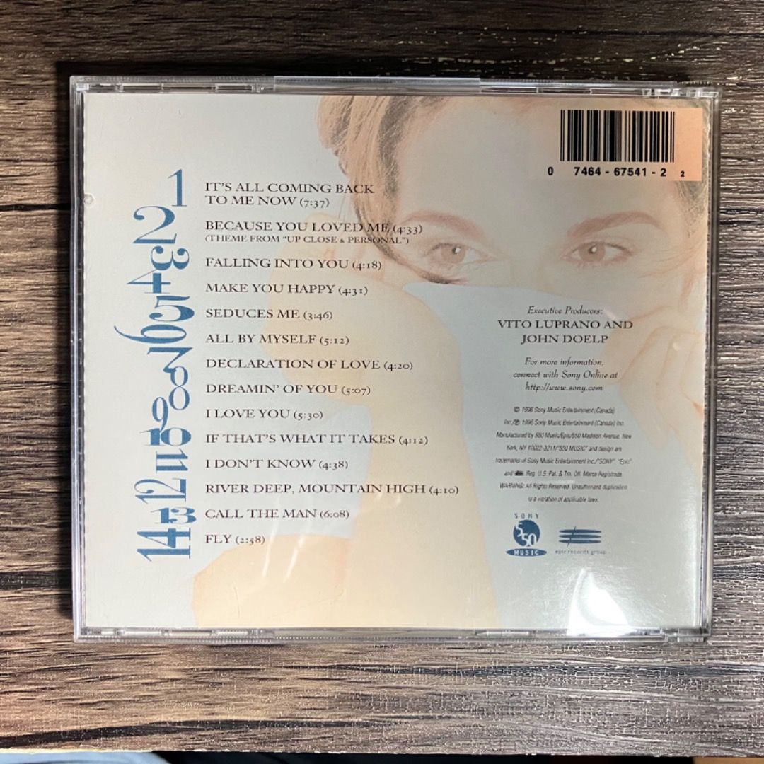 Celine Dion Falling Into You CD (90s) (Category: CDs & DVDs) located in Makati City. Submitted by zek2zoe (Listing ID 1454712442, Image 3). Description: Selling from my personal/family collection. - CD/case in very good and working condition - Original, Pressed in Canada, year 1996 Reason for selling: - Declutter and make room for storage - Celine Dion's 'Falling Into You' CD - Includes hit songs: 'It's All Coming Back to Me Now', 'Because You Lo
