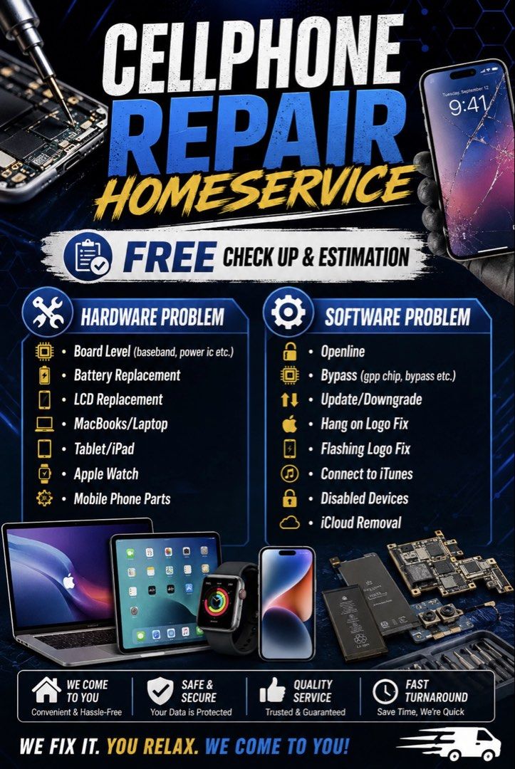 Cellphone Repair Homeservice - Free Check Up & Estimation (Category: Others) located in Quezon City. Submitted by master_yaj (Listing ID 1454664394, Image 1). Description: - Cellphone repair with convenient homeservice - Free check-up and estimation - Handles hardware issues (battery, LCD replacement, etc.) - Fixes software problems (openline, bypass, etc.) - Also repairs MacBooks, laptops, tablets, iPads, and Apple Watches - Data protection guar