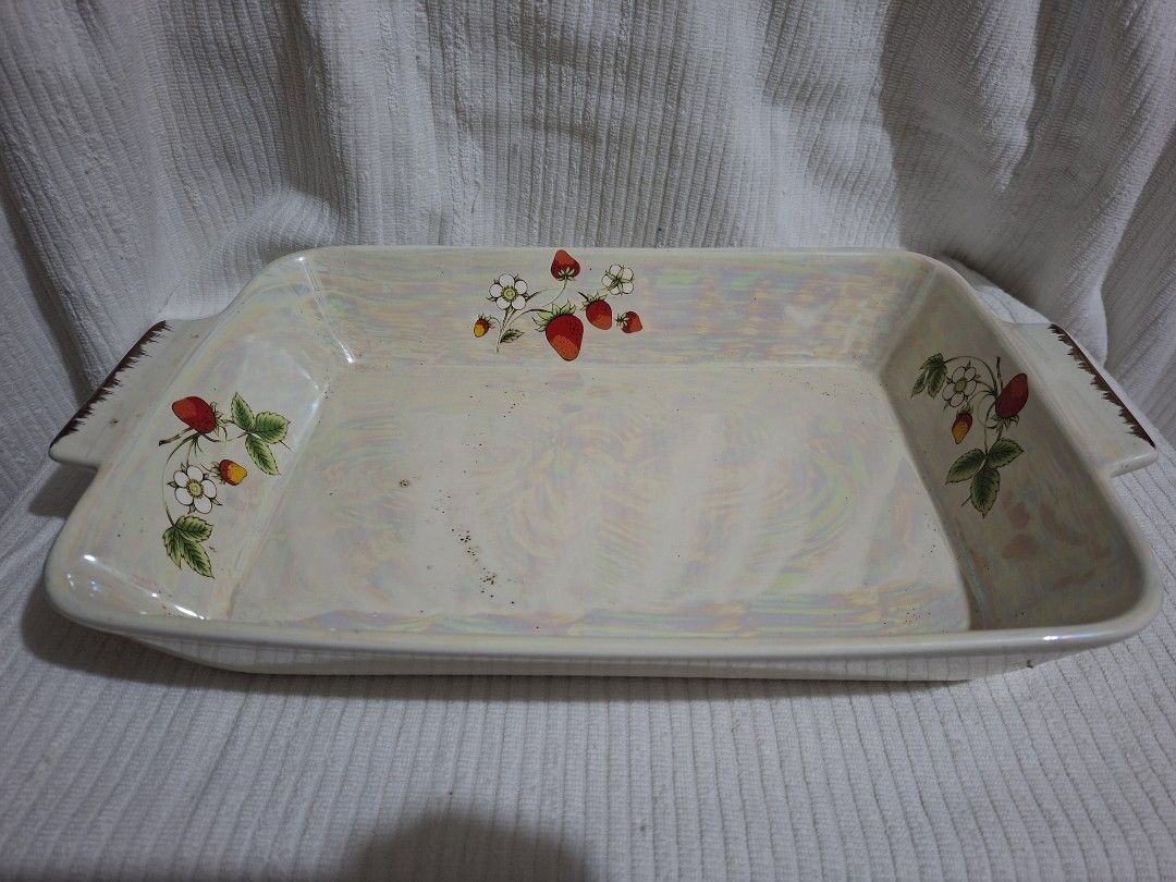 Pearlized Baking Dish (Category: Bakeware) located in Consolacion. Submitted by luxekerei (Listing ID 1454682133, Image 2). Description: - vintage iridescent ceramic baking dish features a charming country-style wild strawberry and white blossom pattern with integrated side handles..