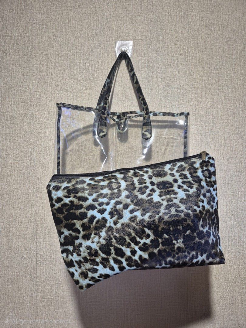 Clear Tote Bag with Leopard Print Pouch (Category: Tote Bags) located in Manila. Submitted by cdb_22 (Listing ID 1454748435, Image 1). Description: - Comes with a clear tote bag and a matching leopard print pouch. - Pouch features a secure zipper closure. - Ideal for beach days or everyday errands. - Clear tote allows for easy visibility of contents. - Handles are made of durable leopard print material. - The pouch fits conveniently inside the cl