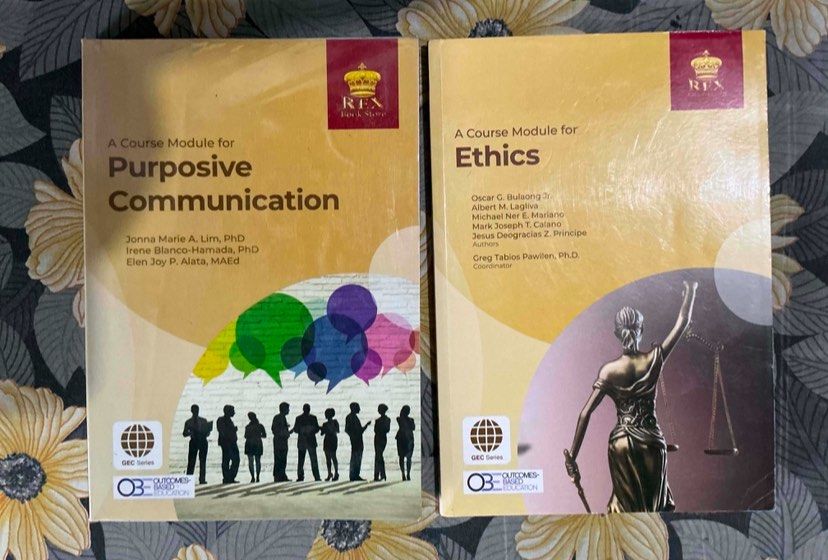 College Gen Ed Book - Purposive Communication & Ethics Modules by REX Book Store (Category: Textbooks) located in Bulacan. Submitted by kaiasells44 (Listing ID 1454633230, Image 1). Description: - REX Book Store GEC Series Course Modules - Available: Purposive Communication & Ethics - Both in good condition - Purcom may plastic cover and few/2-3 answered activities - Ethics never been used, may tatak lang ng professor sa likod - ₱250 for ethics, 