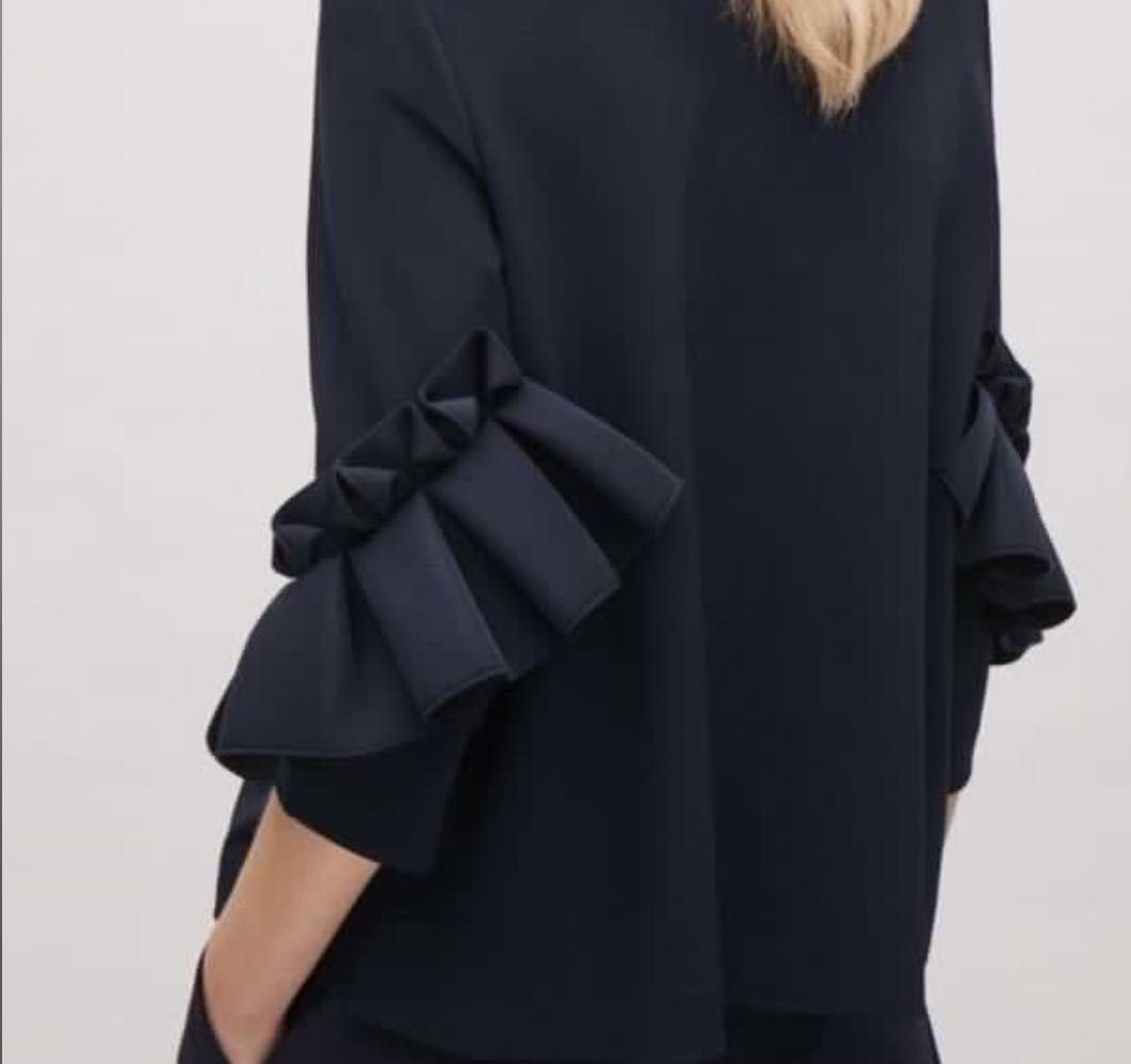 COS Navy Blue Ruffle Sleeve Top Size M (Category: Blouses) located in Mandaluyong City. Submitted by beangoose (Listing ID 1454584253, Image 2). Description: - Navy blue top from COS - Unique ruffle details on sleeves - Three-quarter length sleeves - Crew neck - Size Medium - Perfect with white trousers or jeans.
