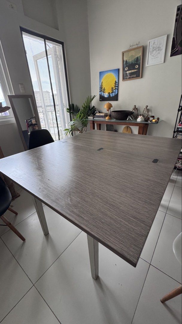 Crate and Barrel expandable table (Category: Tables & Sets) located in Quezon City. Submitted by alreyixes (Listing ID 1454627577, Image 2). Description: Perfect for small spaces that need occasional extra seating for hosting dinner, work-from-home setups, or game nights. Clean contemporary top paired with factory-designed rustic/distressed-style off-white legs (originally styled to look rugged per the C&B collection). Unexpanded (Compact): 114 c