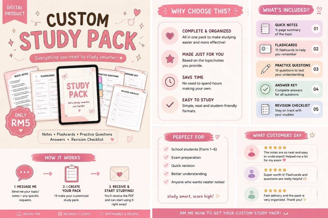 CUSTOM STUDY PACK! (Category: Textbooks) located in Kuala Lumpur. Submitted by sleepyymioo (Listing ID 1454617875, Image 1). Description: 📚 CUSTOM DIGITAL STUDY PACK 🎀 Struggling to study or don’t know where to start? I’ll turn your own notes/topic into a cute, organized study pack to make revision easier! ♡ ✨ WHAT YOU GET: 📝 Quick & easy-to-read notes 🧠 15 flashcards ✏️ 10 practice questions ✅ Answer key 📅 Revision checklist 💗 PRICE: RM5 �