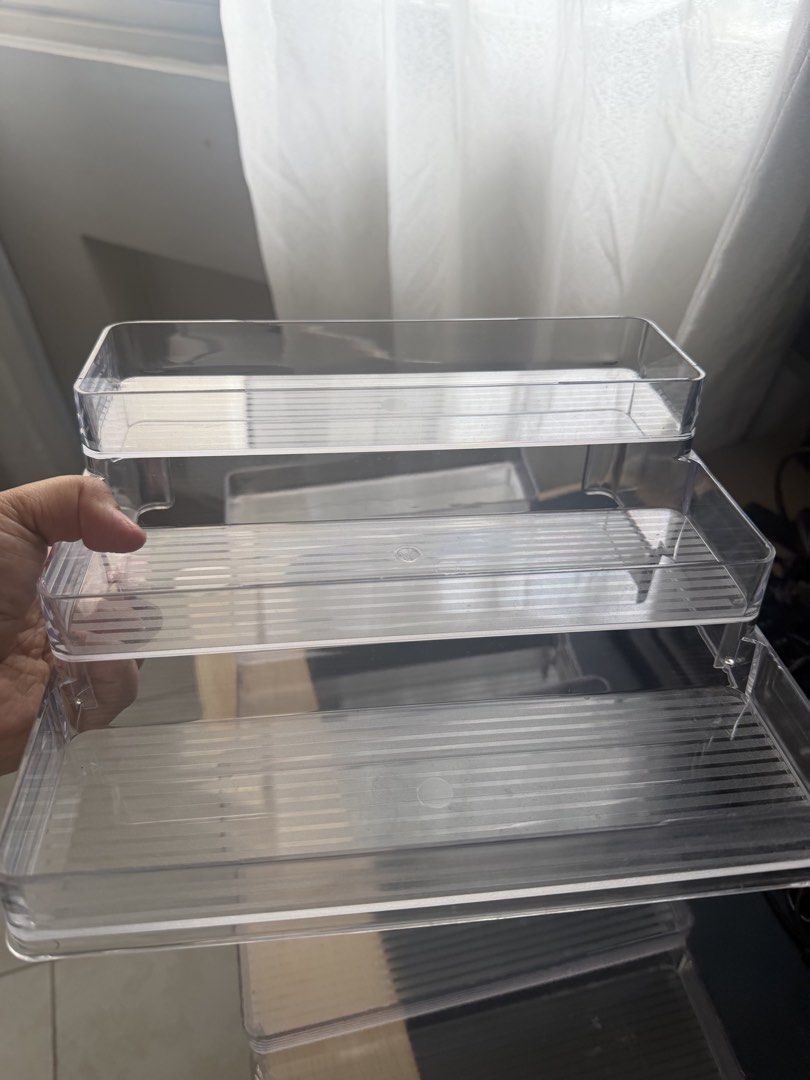 Desktop Storage Shelf 3 Tiers Clear Acrylic (Category: Storage Boxes & Baskets) located in Quezon City. Submitted by juvyjuvydoo (Listing ID 1454635940, Image 3). Description: - 3-tier clear acrylic desktop storage shelf(4 pieces) - Ideal for organizing makeup, skincare, perfume, popmart and other desk essentials - Helps keep your space tidy and clutter-free - Easy to clean and maintain - Perfect for vanities, desks, or any workspace.