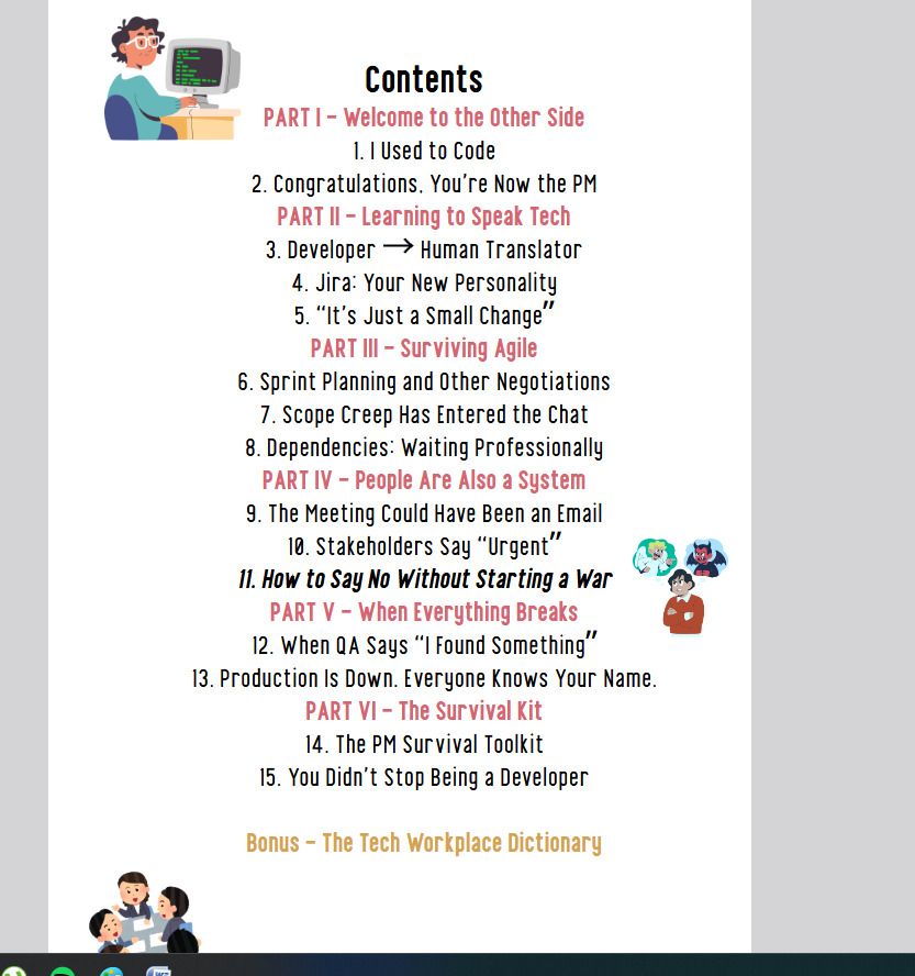 [E-BOOK] Programmer to PM (Category: Office & Business Technology) located in Imus. Submitted by codemafia (Listing ID 1454620721, Image 2). Description: Hi all, I am selling my ebook in Gumroad if anyone is interested to support my digital contents. This book is for developers who became project or product managers, technical people who suddenly found themselves in meetings, and anyone who has ever heard the words “quick Call” and immediately kn