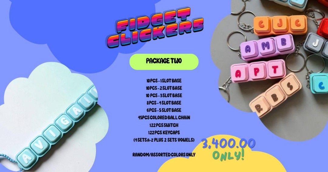 Fidget clickers reseller package (Category: Interactive Toys) located in Quezon City. Submitted by avigene (Listing ID 1454674987, Image 1). Description: lead time: 7 days shipping fee to be paid by customer pm for more info.
