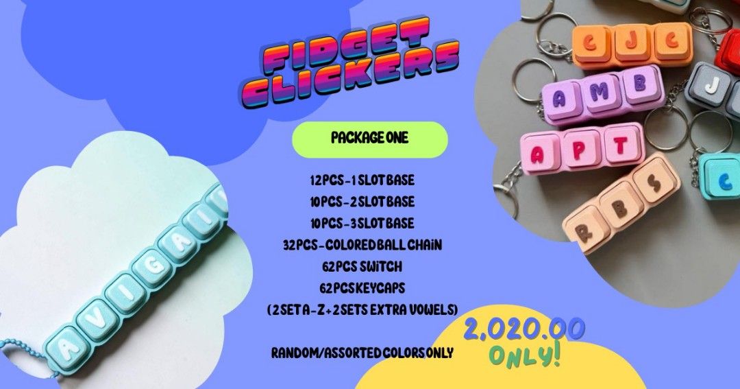 Fidget clickers reseller package (Category: Interactive Toys) located in Quezon City. Submitted by avigene (Listing ID 1454674987, Image 2). Description: lead time: 7 days shipping fee to be paid by customer pm for more info.