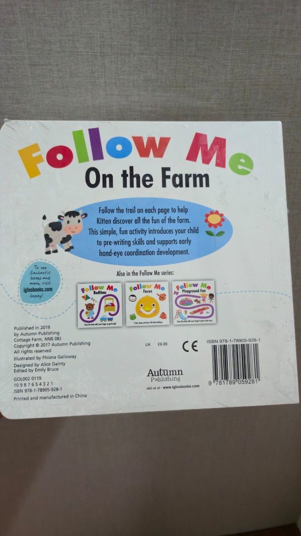 Follow Me On the Farm Interactive Board Book (Category: Children's Books) located in Malabon City. Submitted by emmashappymommy (Listing ID 1454586016, Image 2). Description: - Interactive board book perfect for little hands. - Features engaging farm trails to trace with a finger. - Helps develop pre-writing skills and early hand-eye coordination. - Ideal for toddlers and preschoolers (ages 2-5). .