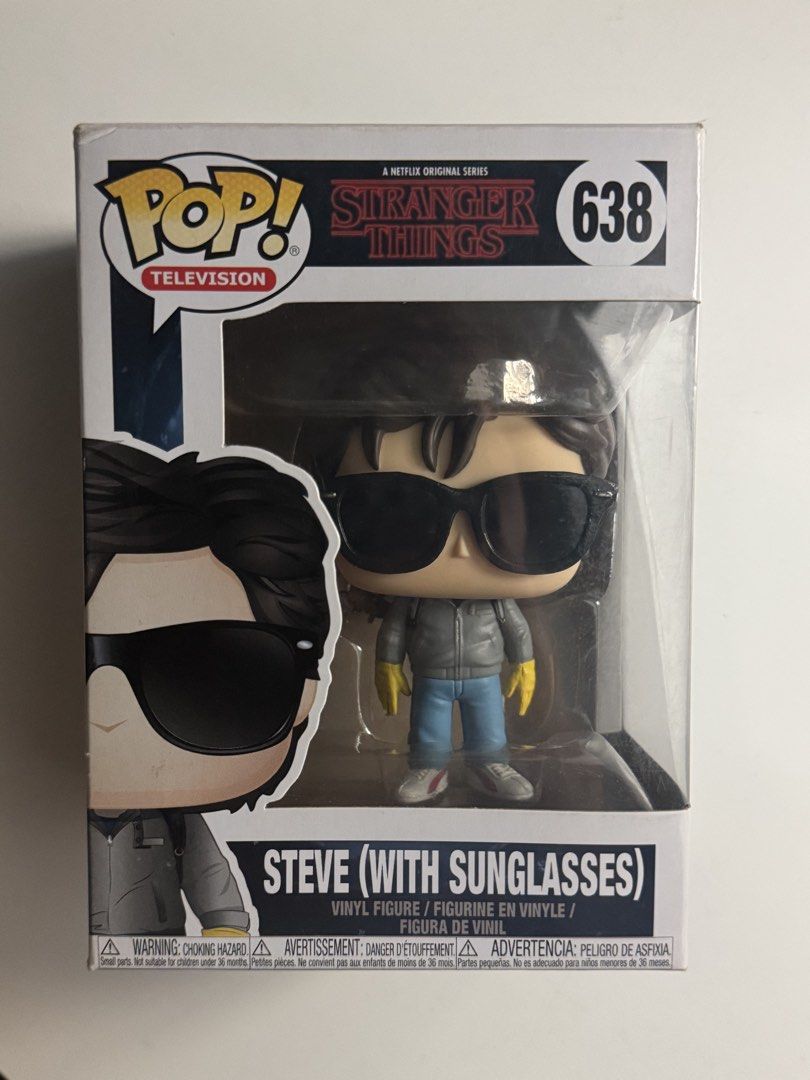 Funko Pop Stranger Things Steve (With Sunglasses) #638 (Category: Designer & Blind Box Toys) located in Manila. Submitted by sameswizz.shop (Listing ID 1454721486, Image 1). Description: Funko Pop Steve Harrington (with sunglasses) 638 Stranger Things Condition pop 9/10 box 7.5/10 opened x to sensitive 700 + sf mop: gcash/maya mod: jnt/lalamove/grab .