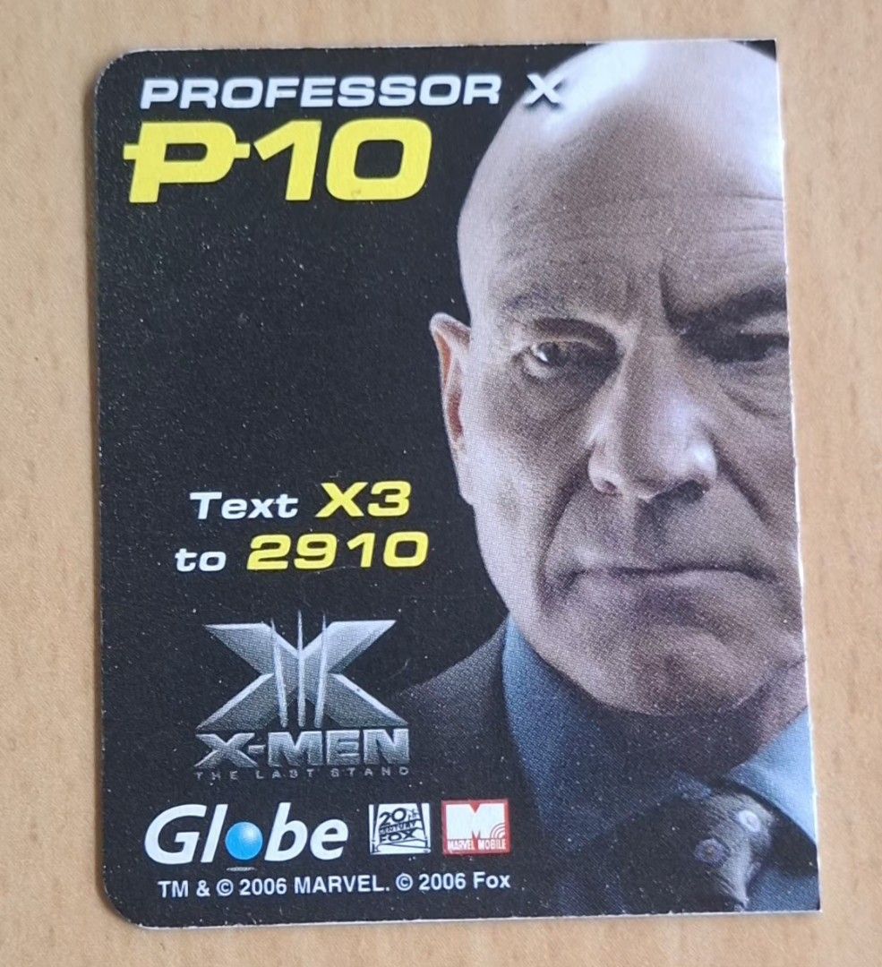 Globe Prepaid Call and Text Card (Professor X) (Category: Raw Singles) located in Makati City. Submitted by selyopilipinas (Listing ID 1454642356, Image 1). Description: Card : Profesaor X (7 of 8) Limited-edition Globe Telecom P10 prepaid call and text load cards released in 2006 in the Philippines. This collectible card served as an official promotional campaign for the theatrical release of the movie X-Men: The Last Stand. Value & Purpose: Eac