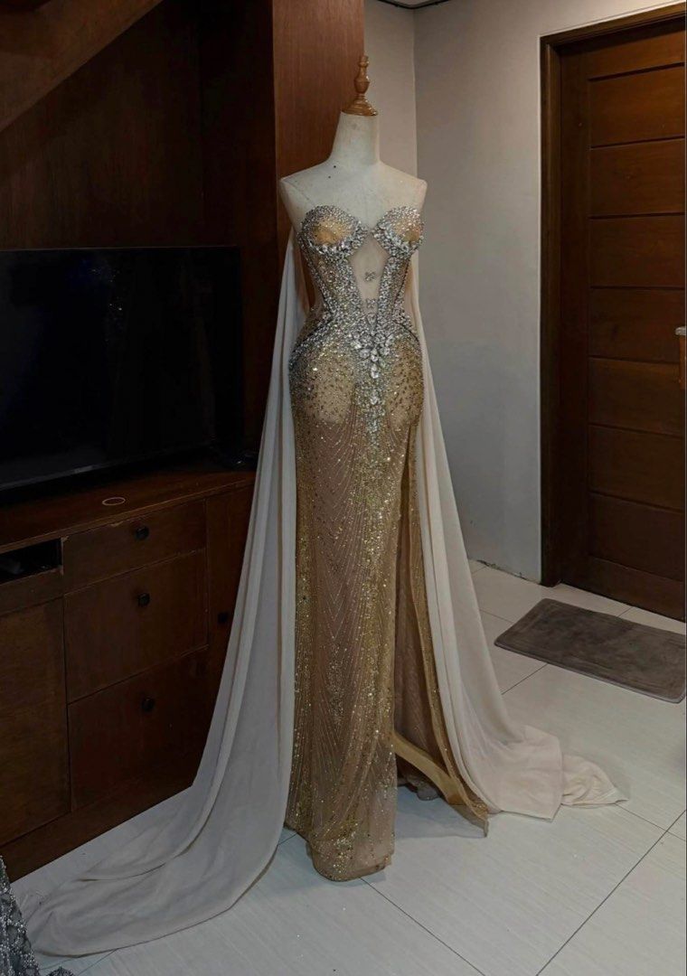Gold Silver Beaded Pageant Gown for Rent (Category: Evening dresses & gowns) located in Las Pinas. Submitted by lilyuedum (Listing ID 1454720548, Image 1). Description: Small to Medium (adjustable corset closure) 📍Laspinas.