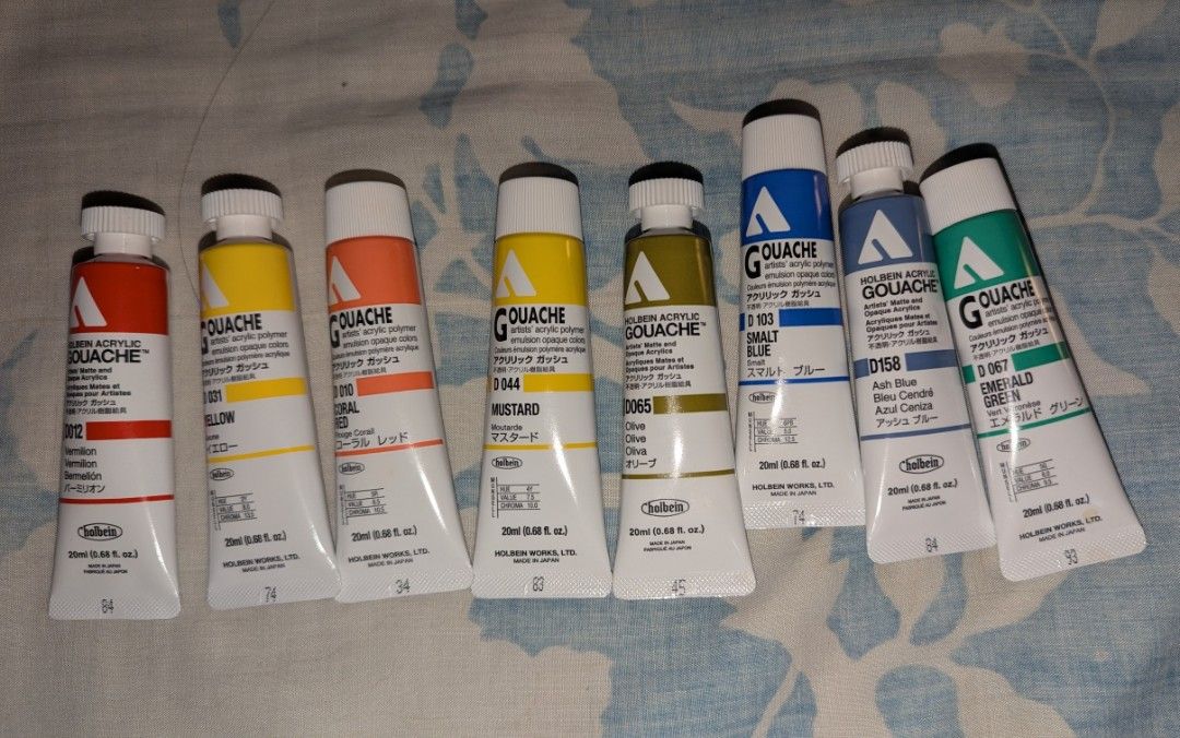 Holbein acrylic gouache paint (take all) (Category: Art & Prints) located in Binan City. Submitted by waffleypat (Listing ID 1454680411, Image 3). Description: Bought from ArtWhale PH store, bought the individual colors inspired from the Rebecca Green curated set. srp: 198 per tube original price for all: 2,216 php GROUP A: 8 grouped together - were slightly used, at least 80-90% full. GROUP B: the 6 grouped together - were rarely ever used (just
