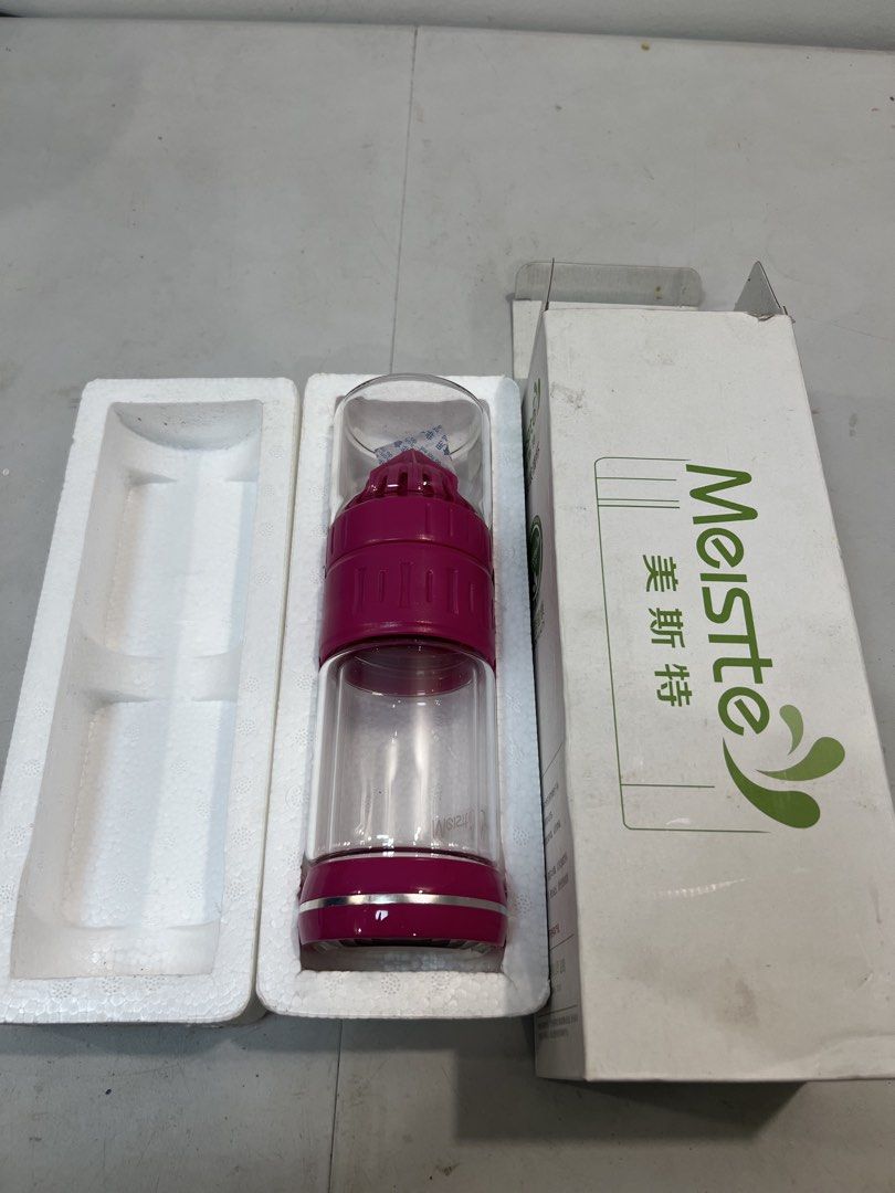 Infuser Water Bottle with Fruit Strainer (Category: Water Bottles & Tumblers) located in Quezon City. Submitted by mitchabrio (Listing ID 1454606224, Image 2). Description: - Reusable water bottle with built-in infuser - Perfect for fruit-infused water or tea - Detachable parts for easy cleaning - Red infuser includes a lid - Clear glass bottle features a pink band - Ideal for staying hydrated anywhere.