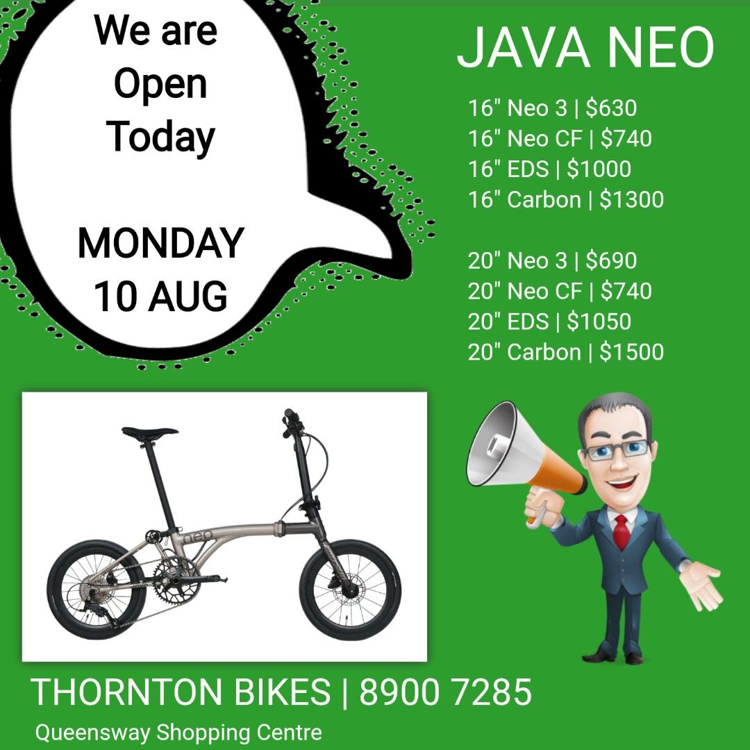 JAVA NEO Foldable Bikes (Category: Parts & Accessories) located in Singapore. Submitted by thornton.bikes (Listing ID 1454745196, Image 1). Description: 💰𝗔𝘂𝘁𝗵𝗼𝗿𝗶𝘀𝗲𝗱 𝗗𝗲𝗮𝗹𝗲𝗿 𝗮𝗻𝗱 𝗗𝗶𝗿𝗲𝗰𝘁 𝗜𝗺𝗽𝗼𝗿𝘁𝗲𝗿 As Authorised Dealer of Java and Direct Importer, we bring all models of Java Neo at most attractive prices to our customers. 📍𝗢𝘂𝗿 𝗝𝗮𝘃𝗮 𝗡𝗲𝗼 𝗖𝗼𝗹𝗹𝗲𝗰𝘁𝗶𝗼𝗻 𝟭𝟰" 𝗧𝗿𝗶𝗳𝗼𝗹𝗱 • 14" Neo 3 | $630 𝟭𝟲" 𝗧𝗿𝗶