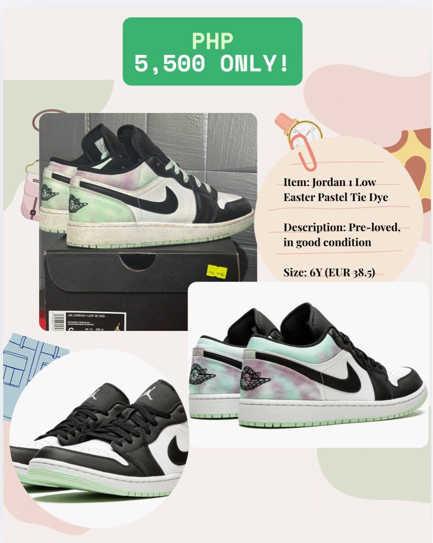Jordan 1 Low Easter Pastel Tie Dye GS Size 6Y (Category: Sneakers) located in Makati City. Submitted by _declutteringjoe (Listing ID 1454586008, Image 1). Description: - Pre-loved Jordan 1 Low Easter Pastel Tie Dye - Size: 6Y (US Youth) / EUR 38.5 - Condition: Good, pre-owned - Unique pastel tie-dye colorway - Perfect for adding a pop of color to your sneaker collection.